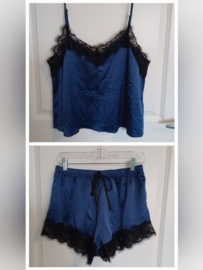 Sapphire Blue & Black Eyelash Lace Cami & Shortie PJ's Loungewear